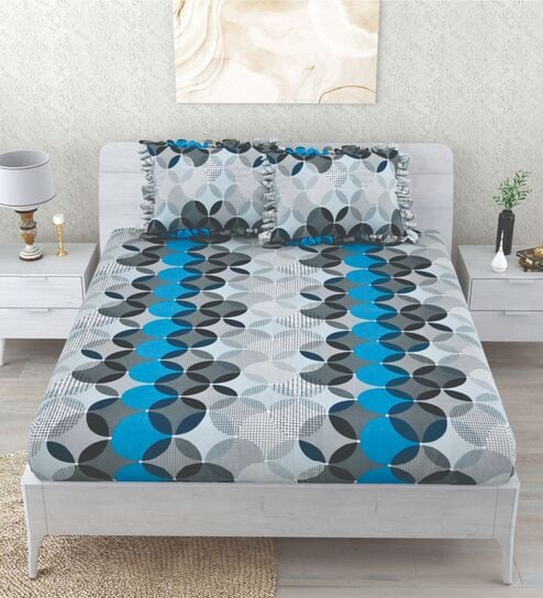 Blue Abstract 260 Tc Polycotton Double Fitted Bedsheet With 2 Pillow Covers