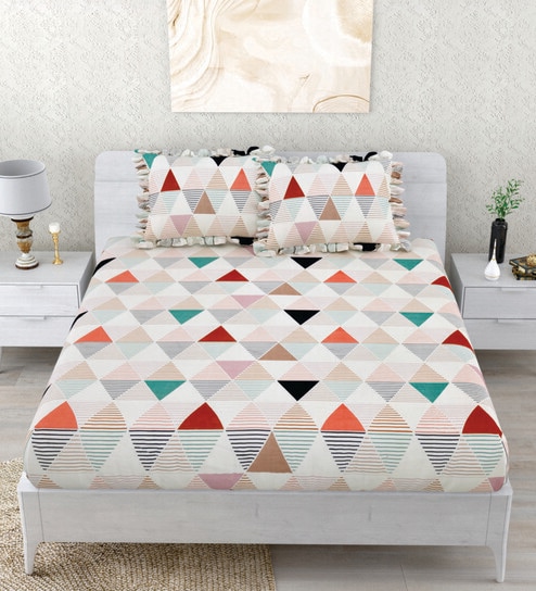 White Abstract 260 Tc Polycotton Double Fitted Bedsheet With 2 Pillow Covers