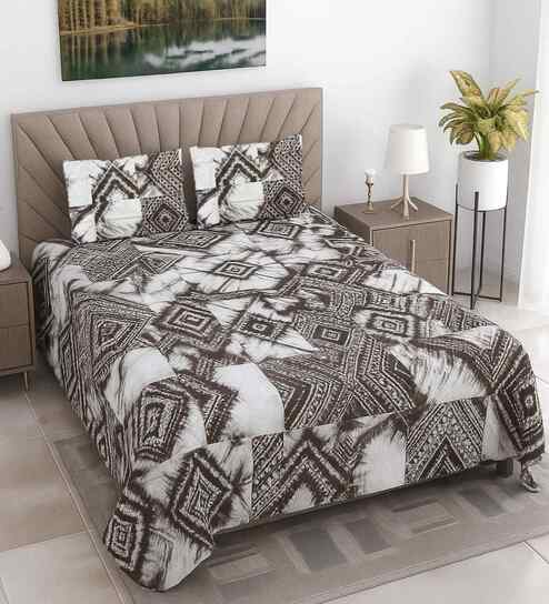 White & Coffee Abstract 400 TC Cotton Super King Flat Bedsheet with 2 Pillow Covers Essential Collection