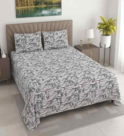 White Abstract 400 TC Cotton Super King Flat Bedsheet with 2 Pillow Covers Essential Collection