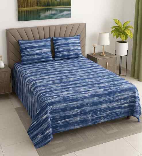 Blue Abstract 400 TC Cotton Super King Flat Bedsheet with 2 Pillow Covers Essential Collection