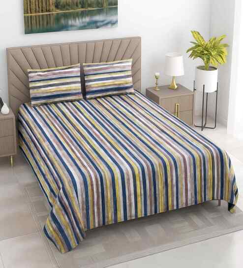 Multicolor Striped 400 TC Cotton Super King Flat Bedsheet with 2 Pillow Covers Essential Collection