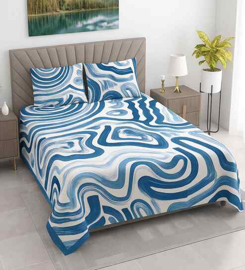 White & Blue Abstract 400 TC Cotton Super King Flat Bedsheet with 2 Pillow Covers Essential Collection