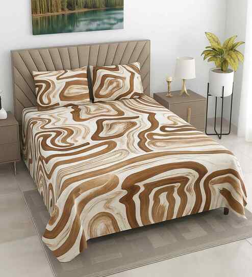 White & Brown Abstract 400 TC Cotton Super King Flat Bedsheet with 2 Pillow Covers Essential Collection