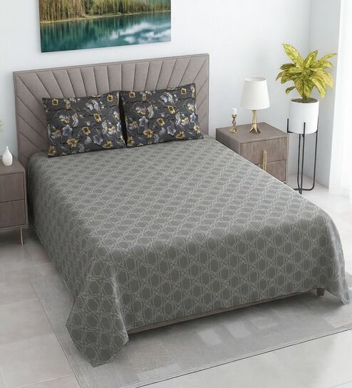 Grey Abstract 400 TC Cotton Superking Size Bedsheet With 2 Pillow Covers