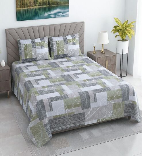 Green Abstract 400 TC Cotton Superking Size Bedsheet With 2 Pillow Covers