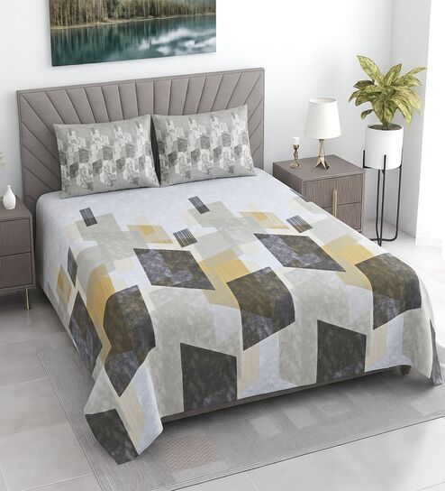 Grey Abstract 400 TC Cotton Superking Size Bedsheet With 2 Pillow Covers Threads Abstract Collection
