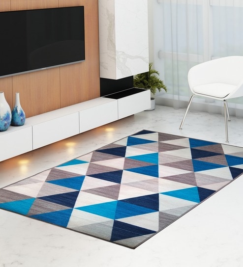 Blue Geometric Nylon 3 x 5 Feet Machine Made Carpet