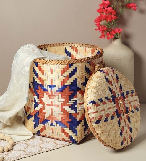 Bamboo Multi Storage Basket,Wicker Laundry Basket With Lid-Small