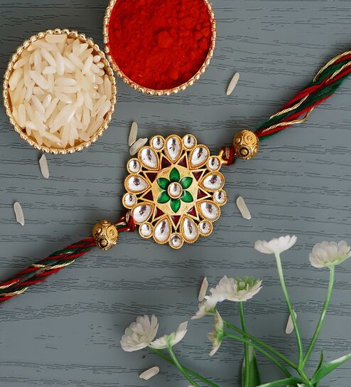 Multicolor Beautiful Floral Designer Kundan Rakhi with Roli Chawal Pack