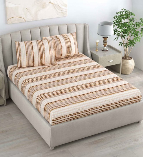 Beige Bedsheet 220 Tc Cotton Queen Bedsheet With 2 Pillow Covers