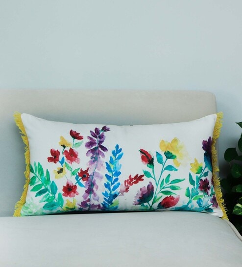 White Floral Canvas 22 x 12 Inches Cushion Cover by Zeba