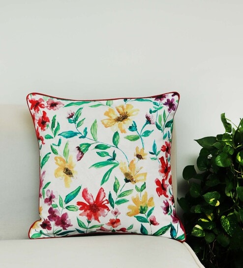 White Floral Canvas 16 x 16 Inch Cushion Cover by Zeba