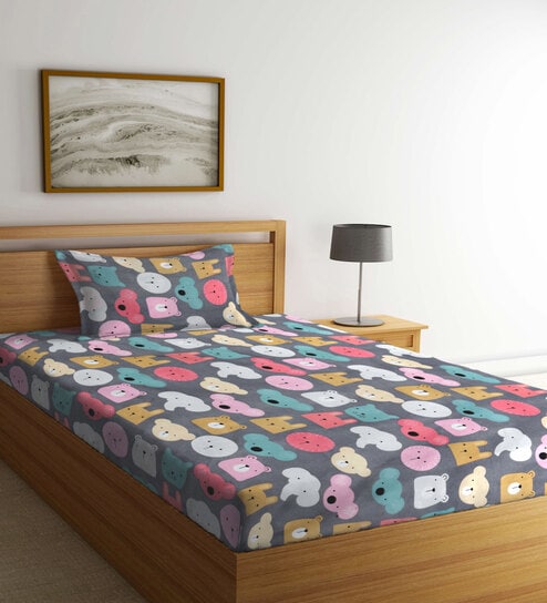 Multicolor Cartoon Characters 300 TC Cotton Fitted Single Bedsheet with 1 Pillow Cover