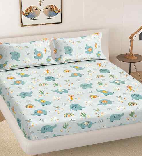 Blue Cartoon Print 300 TC Cotton Blend King Size Double Bedsheet with 2 Pillow Covers