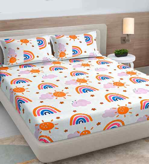 Orange Cartoon Print 300 TC Cotton Blend King Size Double Bedsheet with 2 Pillow Covers