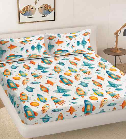 White Cartoon Print 300 TC Cotton Blend King Size Double Bedsheet with 2 Pillow Covers