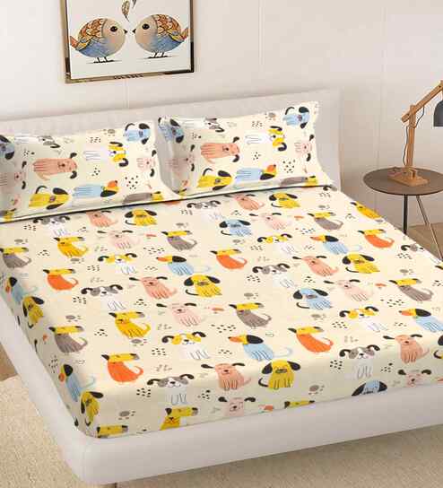 Cream Cartoon Print 300 TC Cotton Blend King Size Double Bedsheet with 2 Pillow Covers