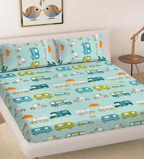 Blue Cartoon Print 300 TC Cotton Blend King Size Double Bedsheet with 2 Pillow Covers