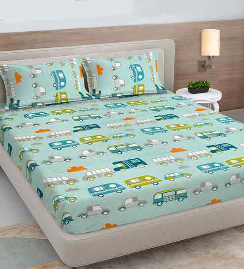 Multicolor Cartoon Print 300 TC Cotton Blend King Size Fitted Double Bedsheet with 2 Pillow Covers