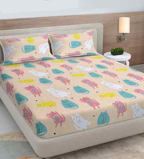 Multicolor Cartoon Print 300 TC Cotton Blend King Size Fitted Double Bedsheet with 2 Pillow Covers