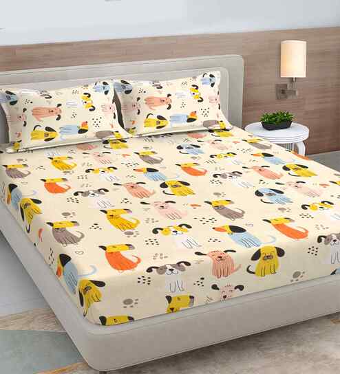Orange Cartoon Print 300 TC Cotton Blend King Size Fitted Double Bedsheet with 2 Pillow Covers