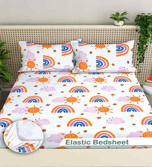 Multicolor Cartoon Print 300 TC Cotton Blend King Size Fitted Double Bedsheet with 2 Pillow Covers