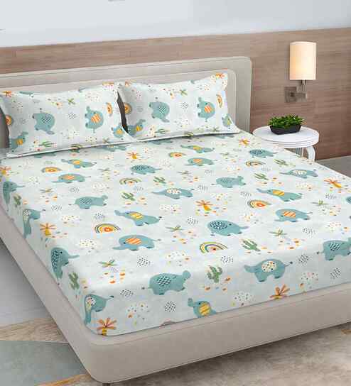 Multicolor Cartoon Print 300 TC Cotton Blend King Size Fitted Double Bedsheet with 2 Pillow Covers