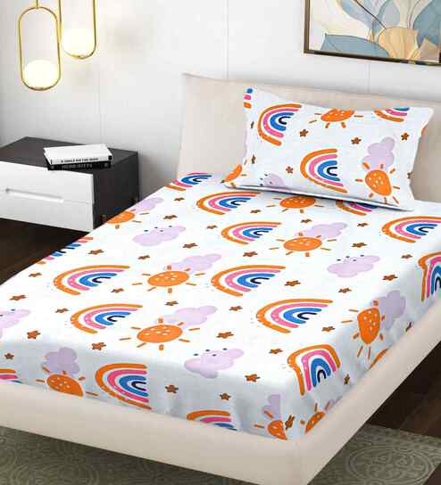 Multicolor Cartoon Print 300 TC Cotton Blend Single Bedsheet with 1 Pillow Cover