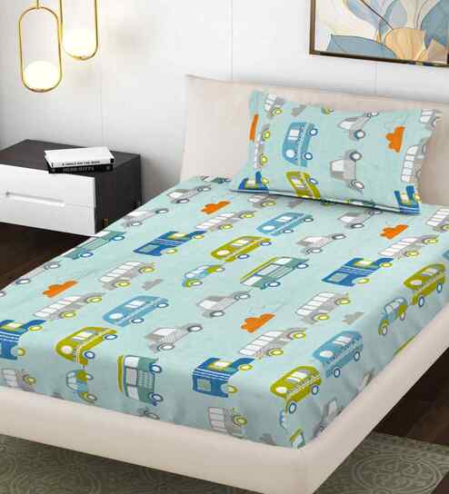 Multicolor Cartoon Print 300 TC Cotton Blend Single Bedsheet with 1 Pillow Cover