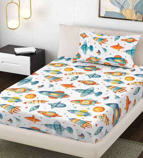 Multicolor Cartoon Print 300 TC Cotton Blend Single Bedsheet with 1 Pillow Cover