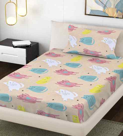 Multicolor Cartoon Print 300 TC Cotton Blend Single Bedsheet with 1 Pillow Cover