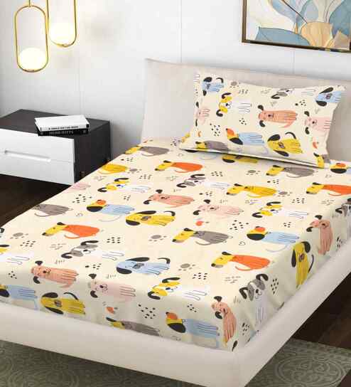 Multicolor Cartoon Print 300 TC Cotton Blend Single Bedsheet with 1 Pillow Cover