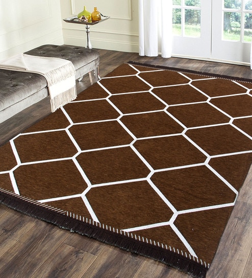 Camel Brown Chenille Abstract 5 x 7 Feet Machine Made Carpet