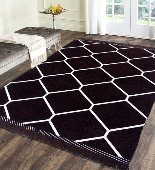 Dark Brown Chenille Abstract 5 x 7 Feet Machine Made Carpet