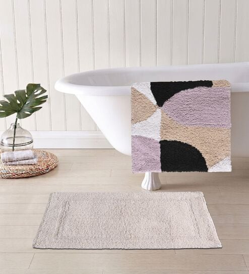 Cream And Pink Cotton 16X24 Inches Anti-Skid Bath Mat Set Of 2