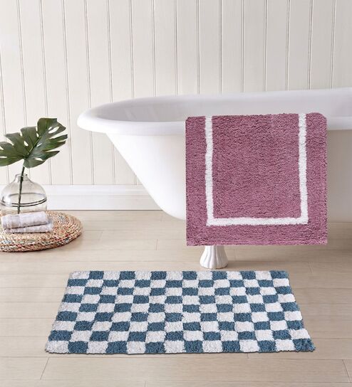 Blue And Purple Cotton 16X24 Inches Anti-Skid Bath Mat Set Of 2