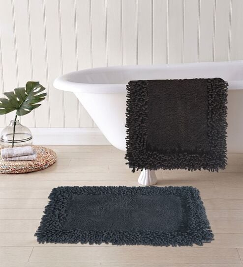 Grey And Charcoal Cotton 16X24 Inches Anti-Skid Bath Mat Set Of 2