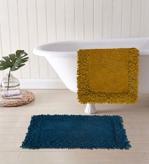 Blue And Yellow Cotton 16X24 Inches Anti-Skid Bath Mat Set Of 2