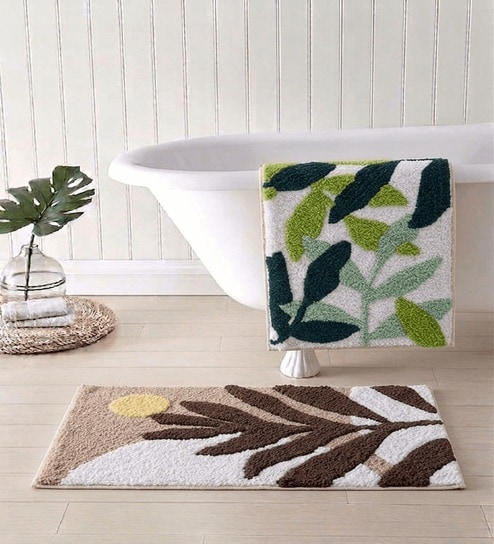 Multicolor Cotton 16X24 Inches Anti-Skid Bath Mat Set Of 2