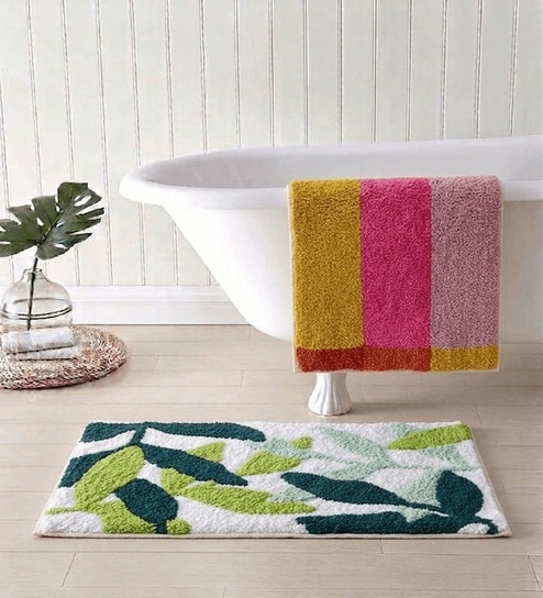 Multicolor Cotton 16X24 Inches Anti-Skid Bath Mat Set Of 2