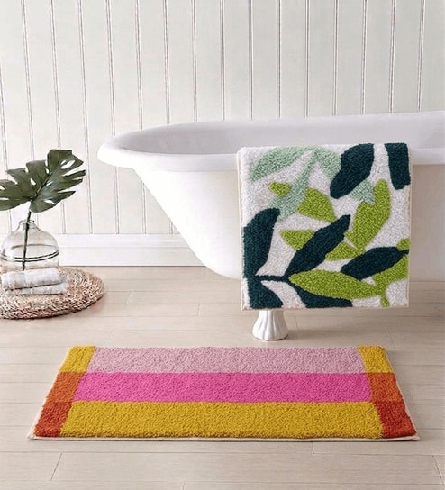 Multicolor Cotton 16X24 Inches Anti-Skid Bath Mat Set Of 2