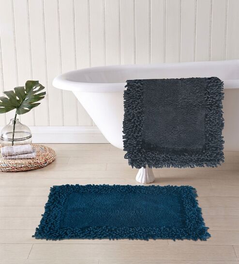 Blue And Grey Cotton 16X24 Inches Anti-Skid Bath Mat Set Of 2
