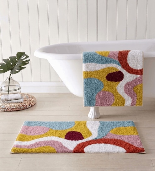 Multicolor Cotton 16X24 Inches Anti-Skid Bath Mat Set Of 2