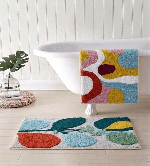 Multicolor Cotton 16X24 Inches Anti-Skid Bath Mat Set Of 2