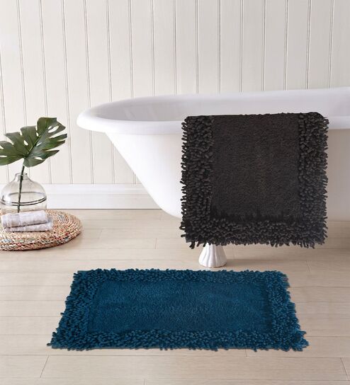 Blue And Brown Cotton 16X24 Inches Anti-Skid Bath Mat Set Of 2