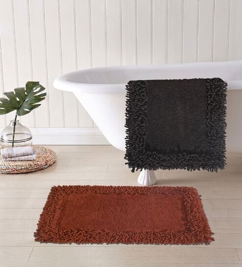 Red And Black Cotton 16X24 Inches Anti-Skid Bath Mat Set Of 2