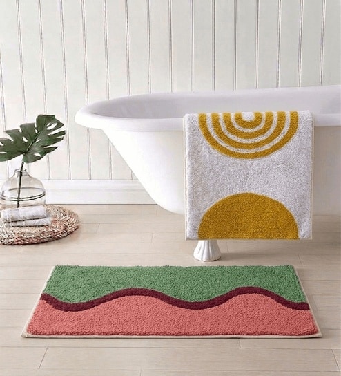 Multicolor Cotton 16X24 Inches Anti-Skid Bath Mat Set Of 2