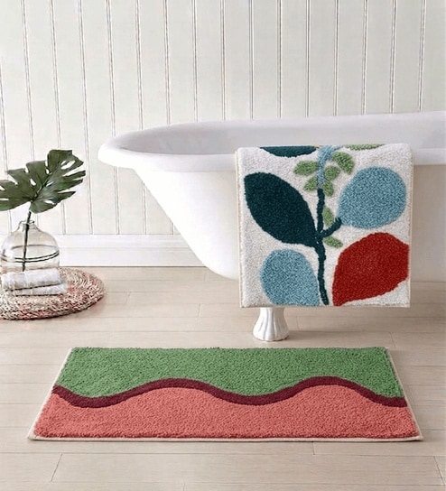 Multicolor Cotton 16X24 Inches Anti-Skid Bath Mat Set Of 2