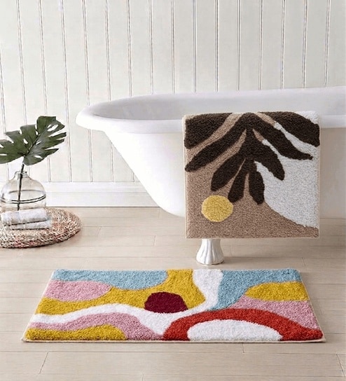 Multicolor Cotton 16X24 Inches Anti-Skid Bath Mat Set Of 2